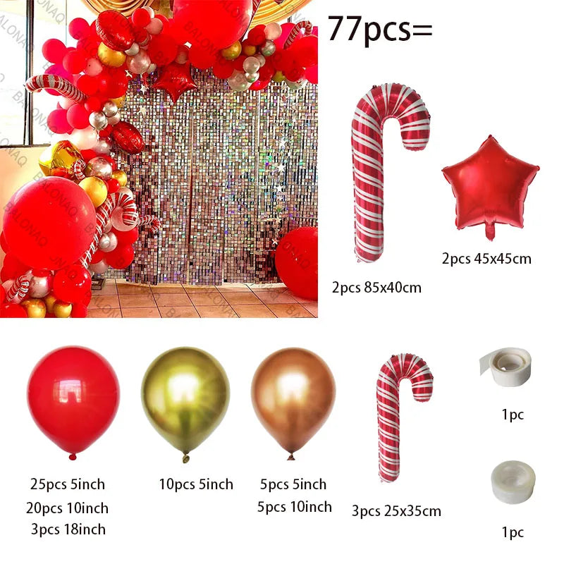 Merry Christmas Balloon Arch Kit with Green Gold Red Cane Cone Star Latex Balloons for Party Decorations New Year Decoration