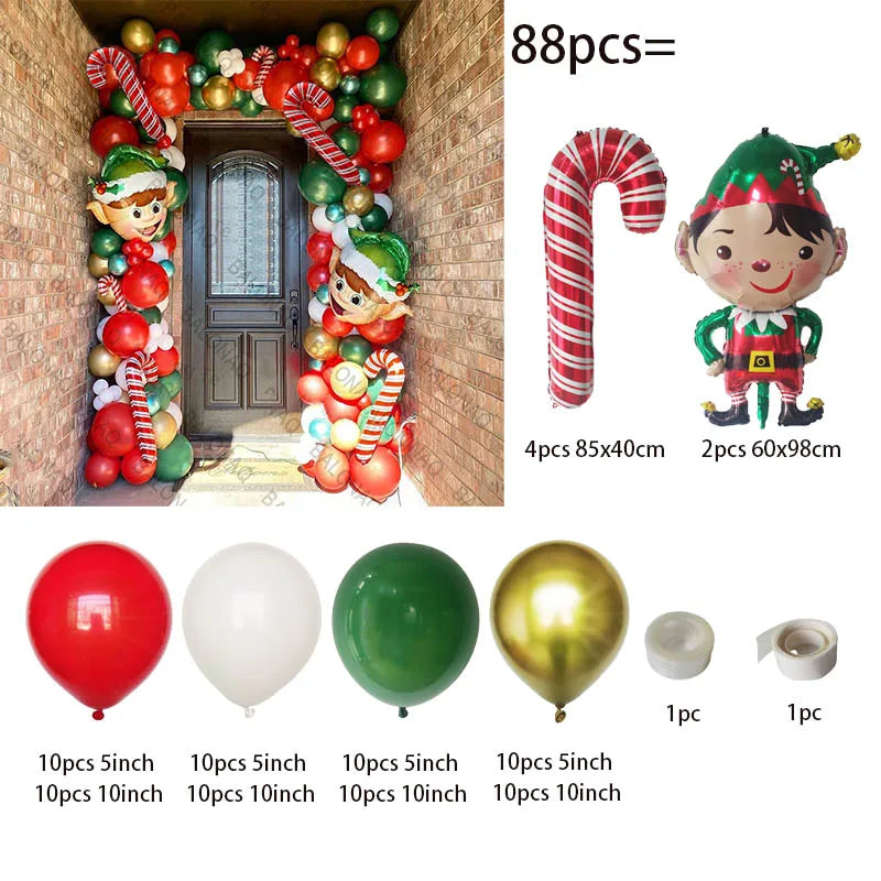 Merry Christmas Balloon Arch Kit with Green Gold Red Cane Cone Star Latex Balloons for Party Decorations New Year Decoration