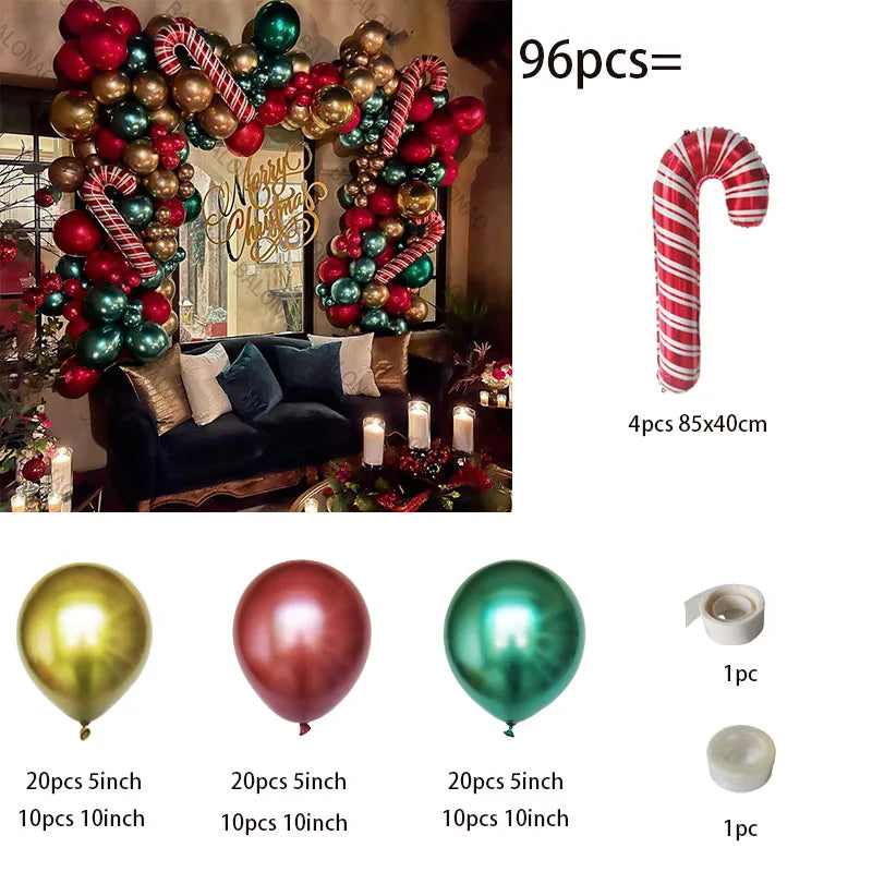 Merry Christmas Balloon Arch Kit with Green Gold Red Cane Cone Star Latex Balloons for Party Decorations New Year Decoration