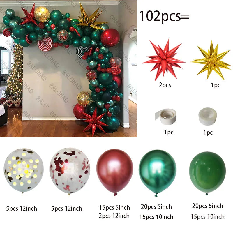 Merry Christmas Balloon Arch Kit with Green Gold Red Cane Cone Star Latex Balloons for Party Decorations New Year Decoration