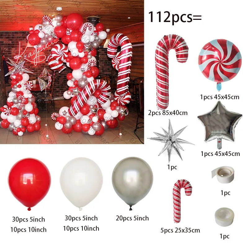 Merry Christmas Balloon Arch Kit with Green Gold Red Cane Cone Star Latex Balloons for Party Decorations New Year Decoration