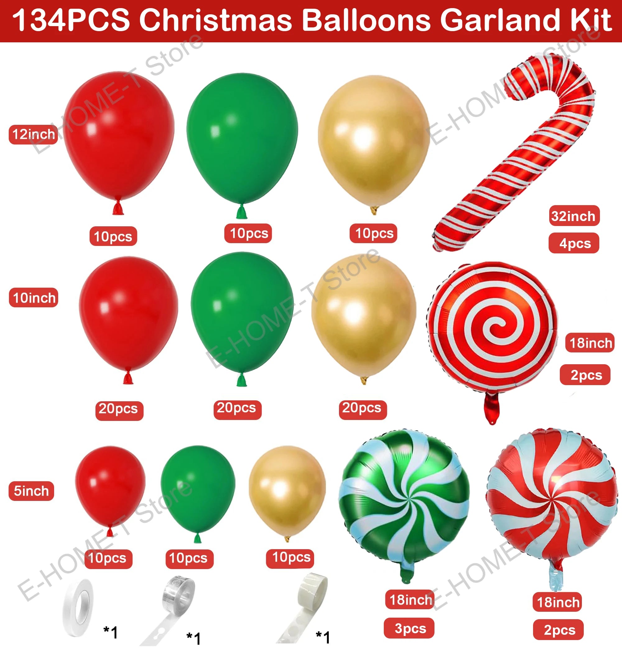 134pcs Christmas Balloons Garland Arch kit Red Green Gold Candy Cane Balloons for Xmas Christmas Party Decoration Supply