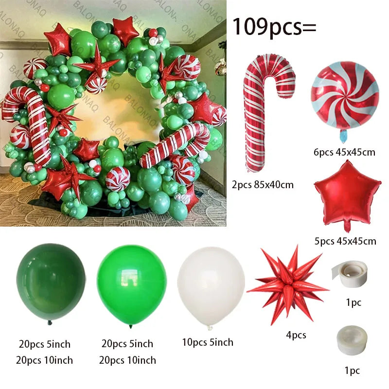 Merry Christmas Balloon Arch Kit with Green Gold Red Cane Cone Star Latex Balloons for Party Decorations New Year Decoration