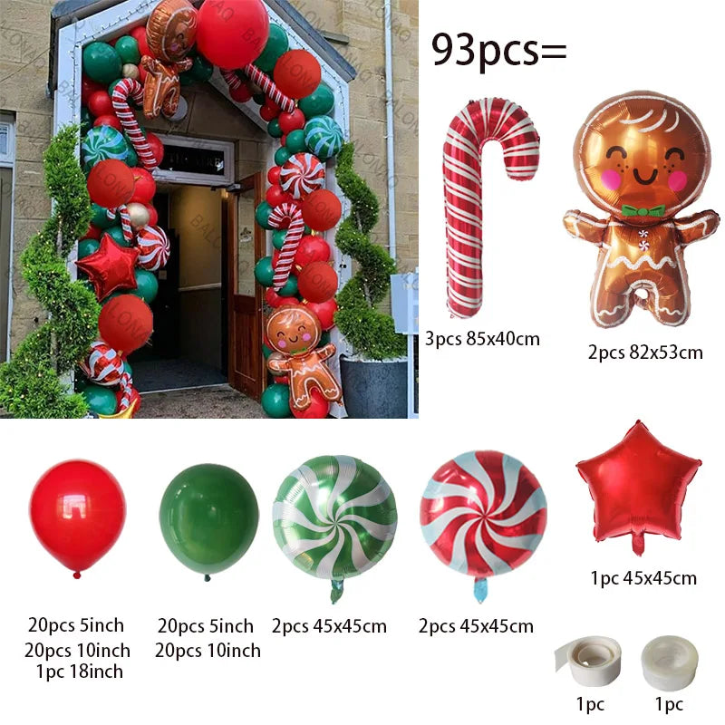 Merry Christmas Balloon Arch Kit with Green Gold Red Cane Cone Star Latex Balloons for Party Decorations New Year Decoration