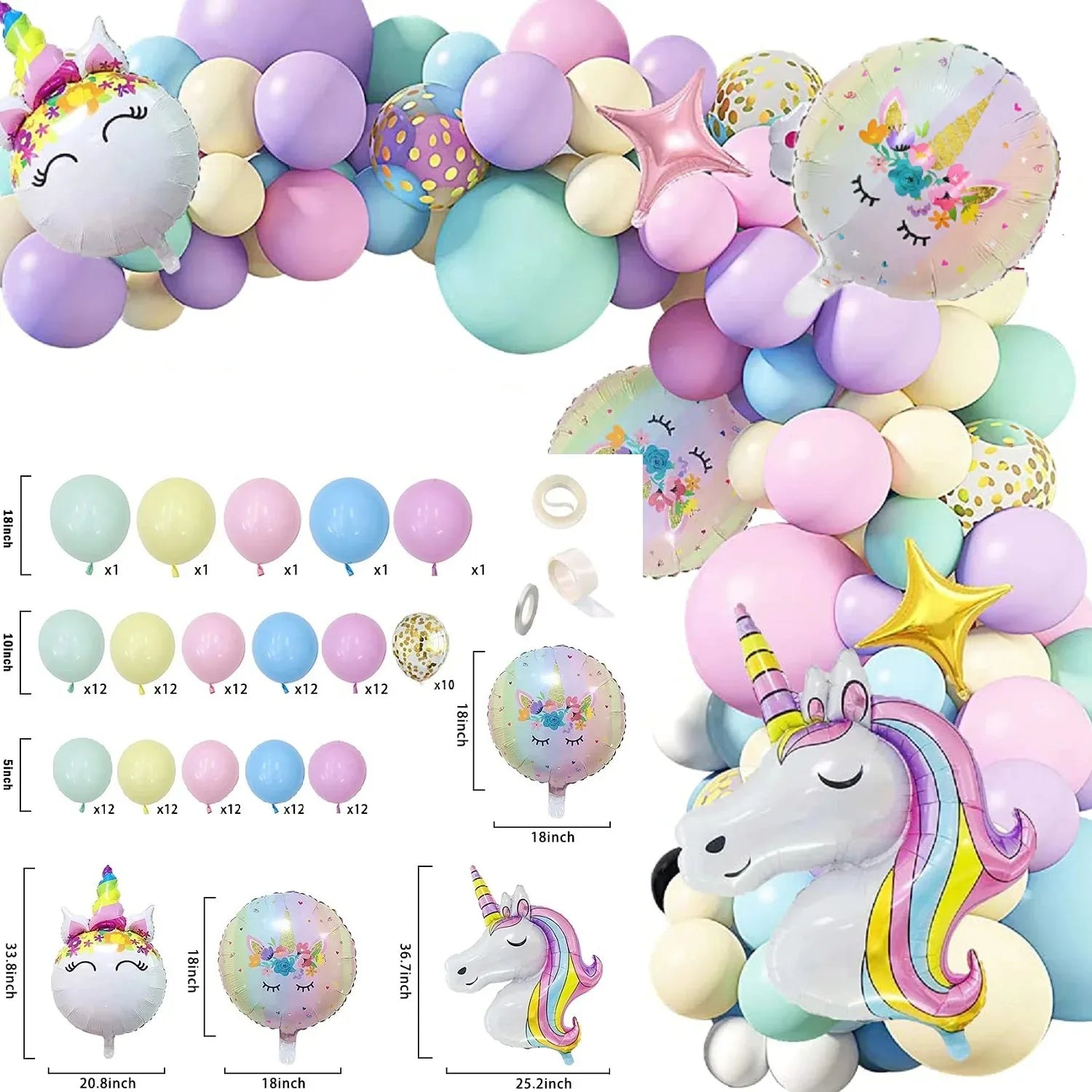 1set  Rainbow Unicorn Balloons Arch Garland Kit Pastel Pink Purple Confetti Balloons For Baby Shower Birthday Party Decorations