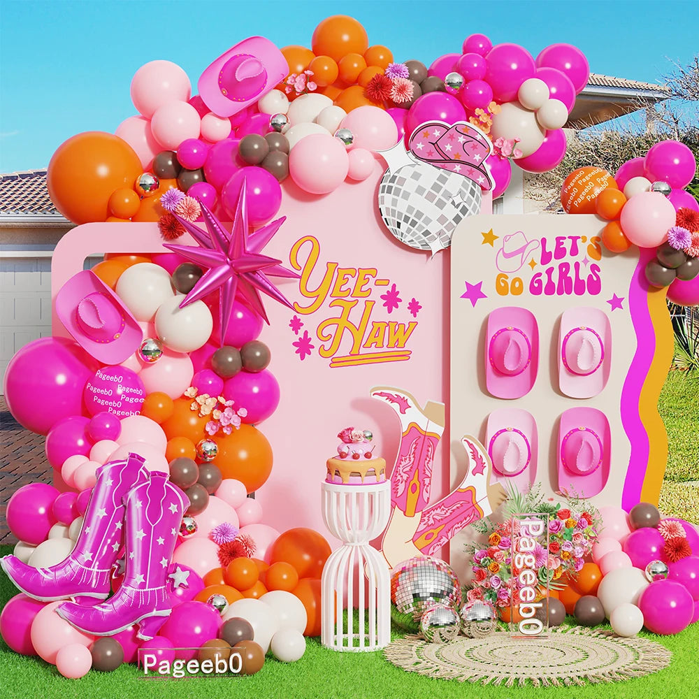 127Pcs Cowgirl Balloon Arch Kit Hot Pink Orange Sand White Boots Foil Latex Balloons for Farm Rodeo Theme Birthday Wedding Decor