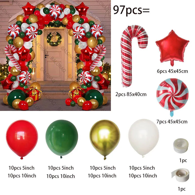 Merry Christmas Balloon Arch Kit with Green Gold Red Cane Cone Star Latex Balloons for Party Decorations New Year Decoration