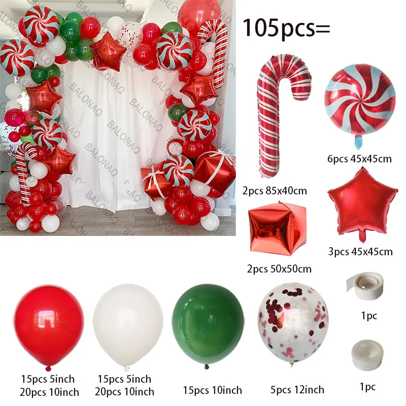 Merry Christmas Balloon Arch Kit with Green Gold Red Cane Cone Star Latex Balloons for Party Decorations New Year Decoration