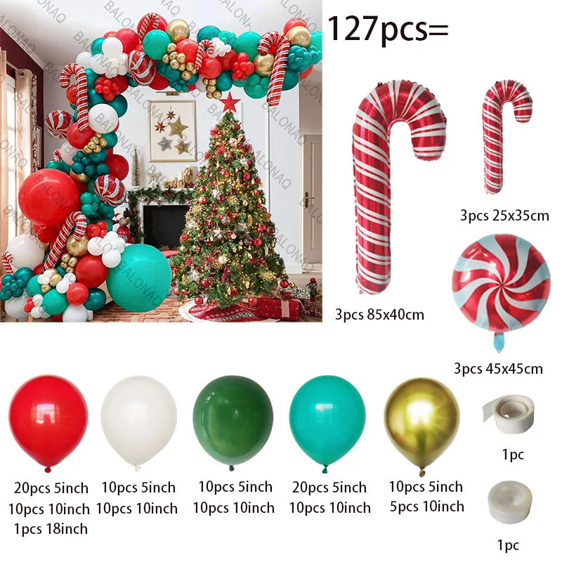 Merry Christmas Balloon Arch Kit with Green Gold Red Cane Cone Star Latex Balloons for Party Decorations New Year Decoration