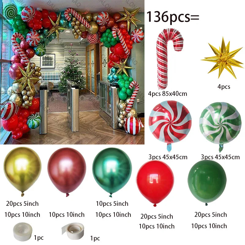 Merry Christmas Balloon Arch Kit with Green Gold Red Cane Cone Star Latex Balloons for Party Decorations New Year Decoration