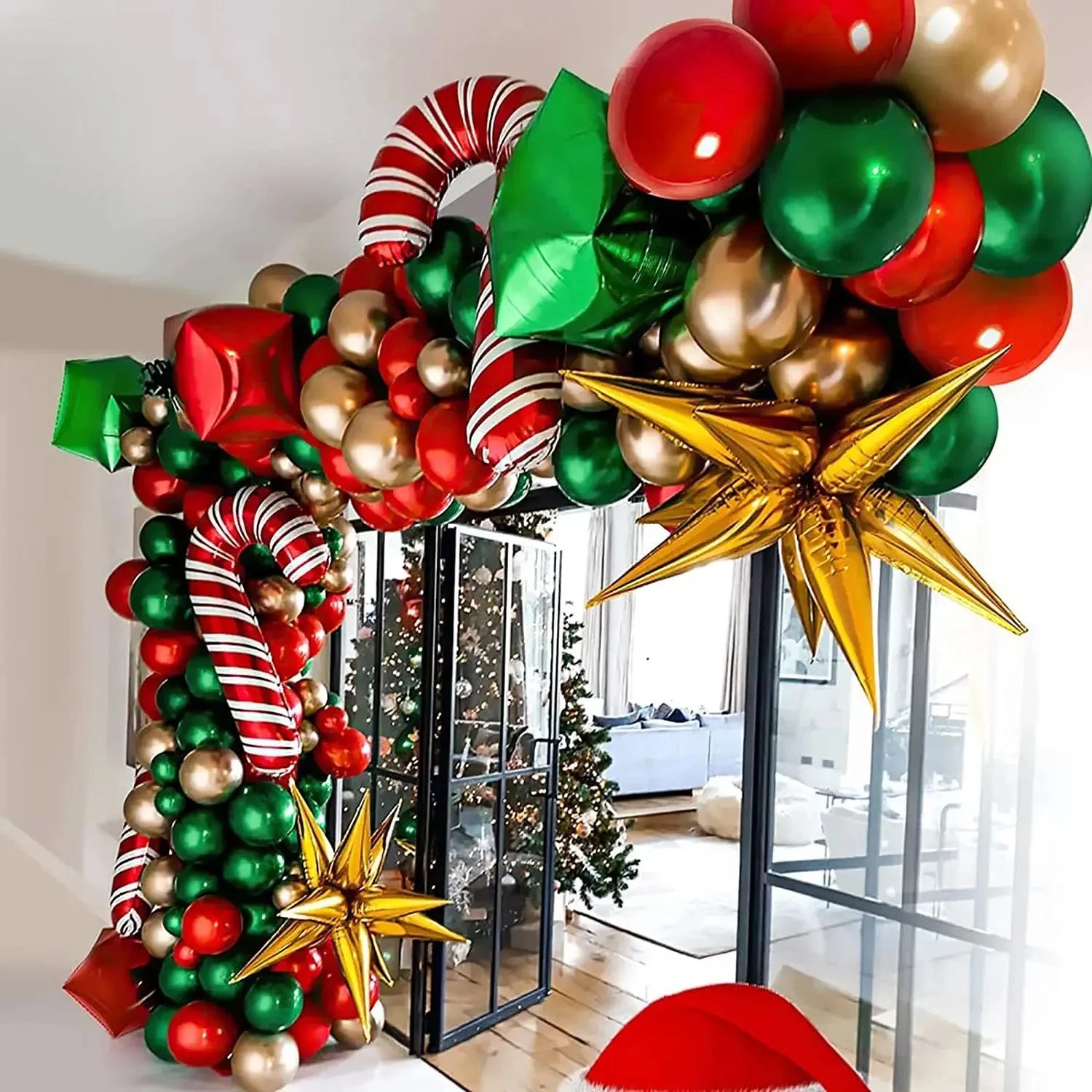 Merry Christmas Balloon Arch Kit with Green Gold Red Cane Cone Star Latex Balloons for Party Decorations New Year Decoration