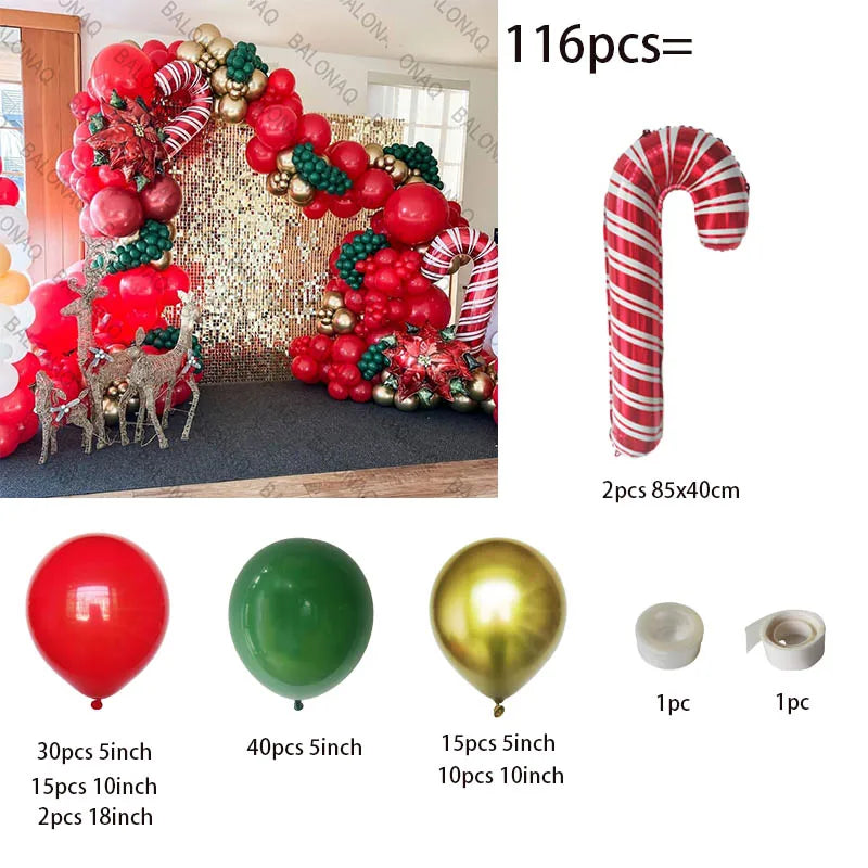 Merry Christmas Balloon Arch Kit with Green Gold Red Cane Cone Star Latex Balloons for Party Decorations New Year Decoration