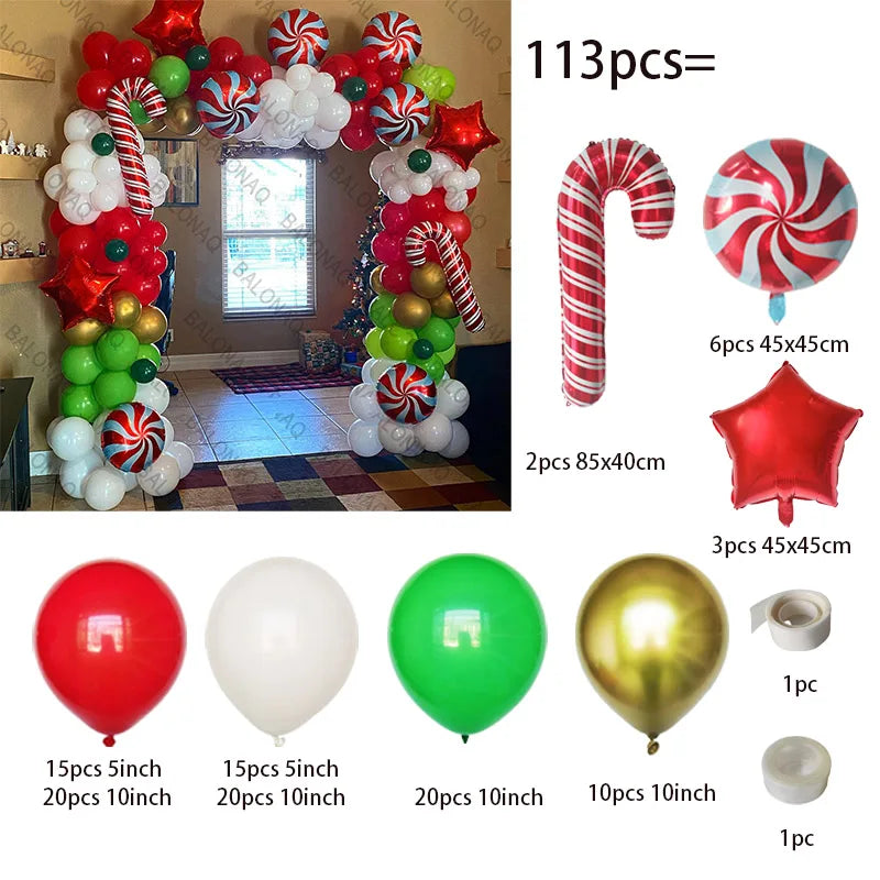 Merry Christmas Balloon Arch Kit with Green Gold Red Cane Cone Star Latex Balloons for Party Decorations New Year Decoration