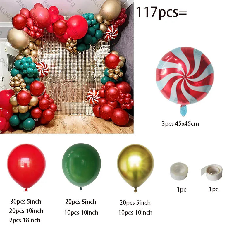 Merry Christmas Balloon Arch Kit with Green Gold Red Cane Cone Star Latex Balloons for Party Decorations New Year Decoration