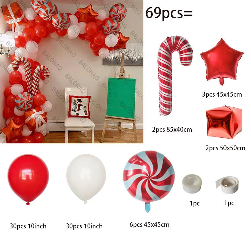 Merry Christmas Balloon Arch Kit with Green Gold Red Cane Cone Star Latex Balloons for Party Decorations New Year Decoration