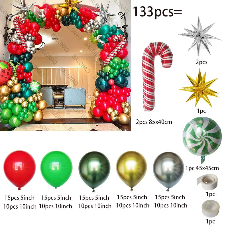 Merry Christmas Balloon Arch Kit with Green Gold Red Cane Cone Star Latex Balloons for Party Decorations New Year Decoration