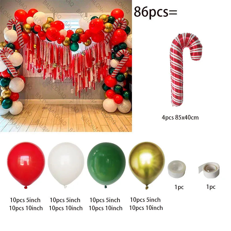 Merry Christmas Balloon Arch Kit with Green Gold Red Cane Cone Star Latex Balloons for Party Decorations New Year Decoration