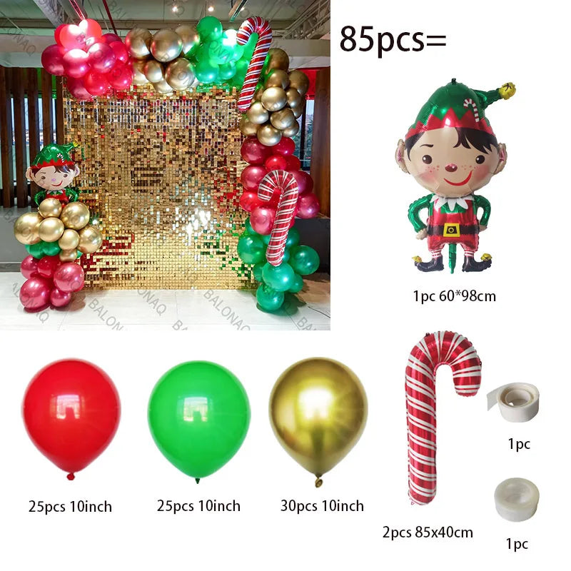 Merry Christmas Balloon Arch Kit with Green Gold Red Cane Cone Star Latex Balloons for Party Decorations New Year Decoration