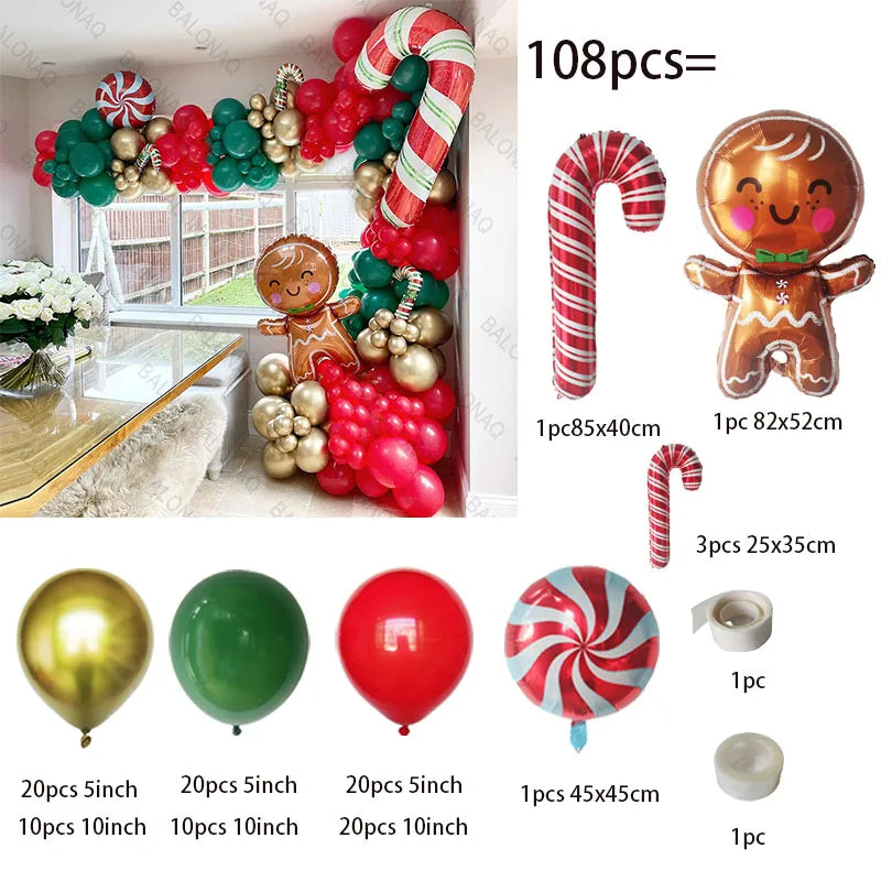 Merry Christmas Balloon Arch Kit with Green Gold Red Cane Cone Star Latex Balloons for Party Decorations New Year Decoration