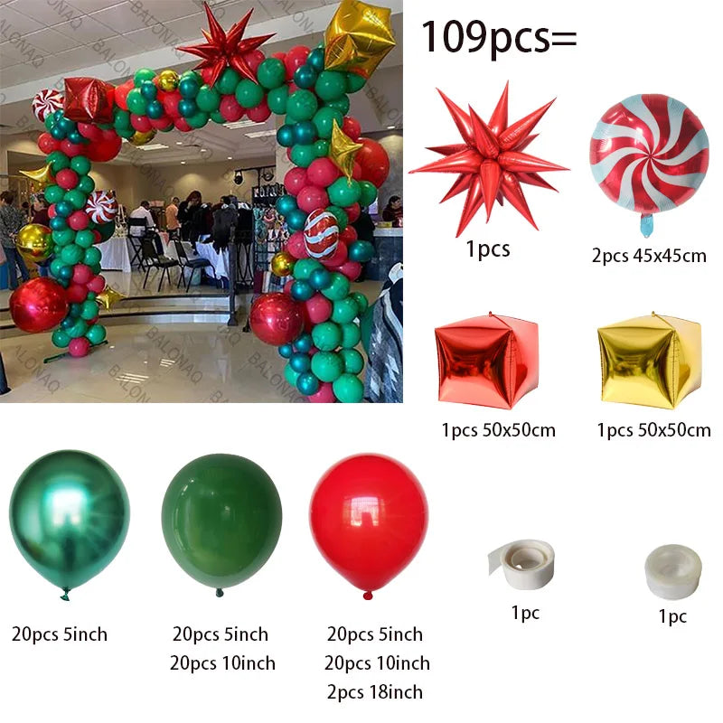 Merry Christmas Balloon Arch Kit with Green Gold Red Cane Cone Star Latex Balloons for Party Decorations New Year Decoration