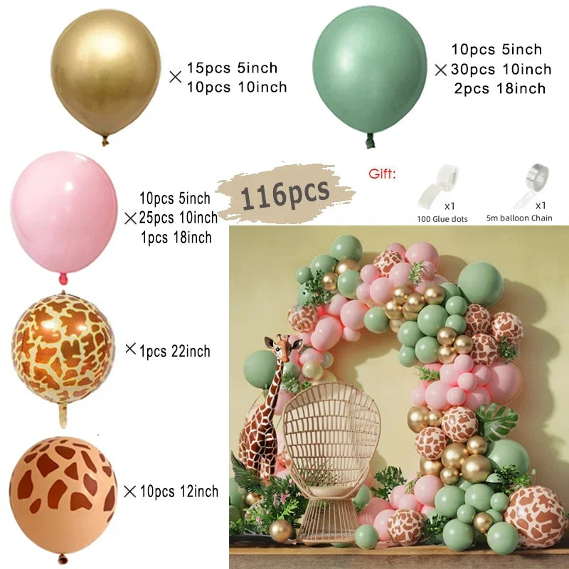 Jungle Safari Green Balloon Garland Arch Kit Kids Birthday Party Supplies Deer Pattern Gold Latex Ballons Baby Shower Decoration