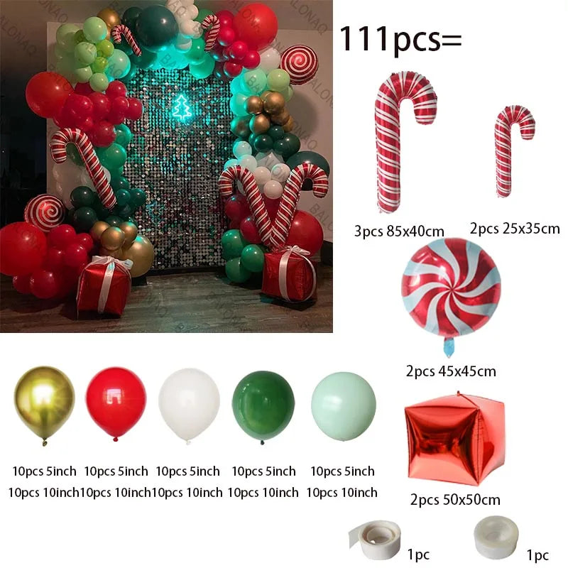 Merry Christmas Balloon Arch Kit with Green Gold Red Cane Cone Star Latex Balloons for Party Decorations New Year Decoration