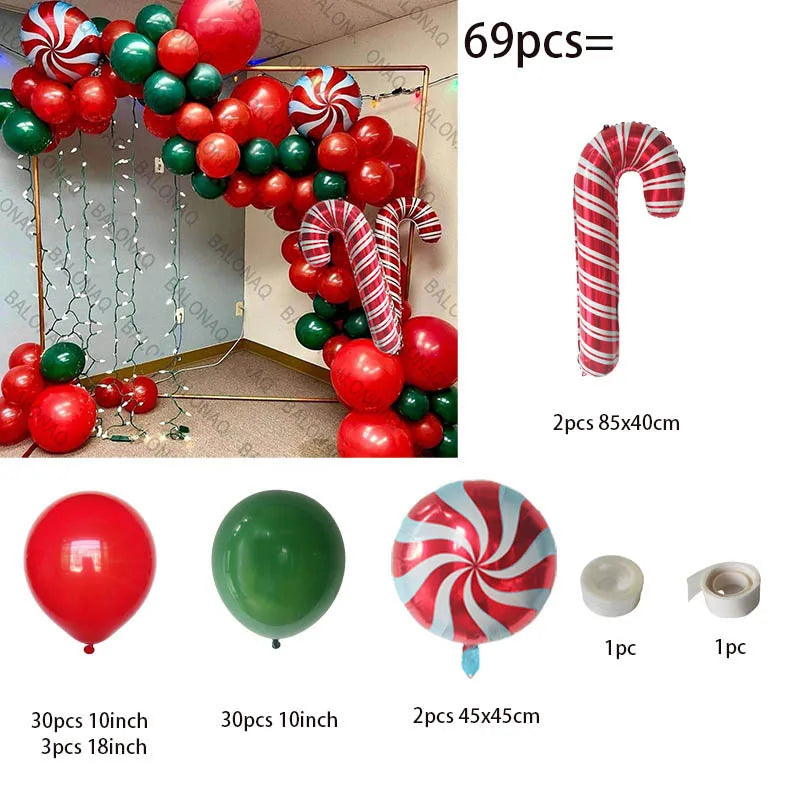 Merry Christmas Balloon Arch Kit with Green Gold Red Cane Cone Star Latex Balloons for Party Decorations New Year Decoration