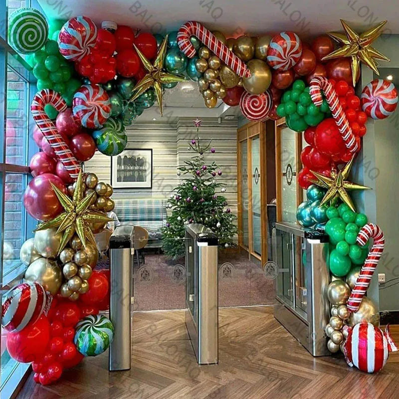 Merry Christmas Balloon Arch Kit with Green Gold Red Cane Cone Star Latex Balloons for Party Decorations New Year Decoration