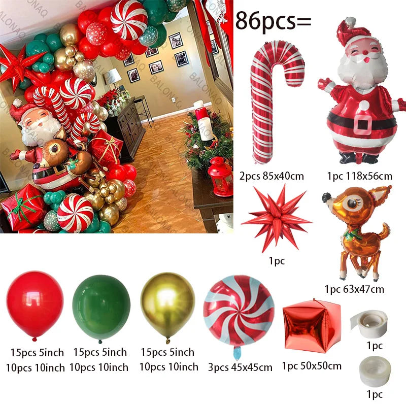 Merry Christmas Balloon Arch Kit with Green Gold Red Cane Cone Star Latex Balloons for Party Decorations New Year Decoration