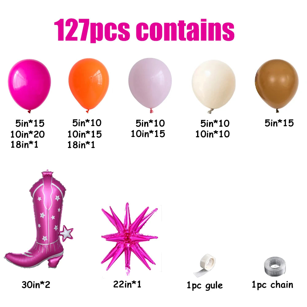 127Pcs Cowgirl Balloon Arch Kit Hot Pink Orange Sand White Boots Foil Latex Balloons for Farm Rodeo Theme Birthday Wedding Decor